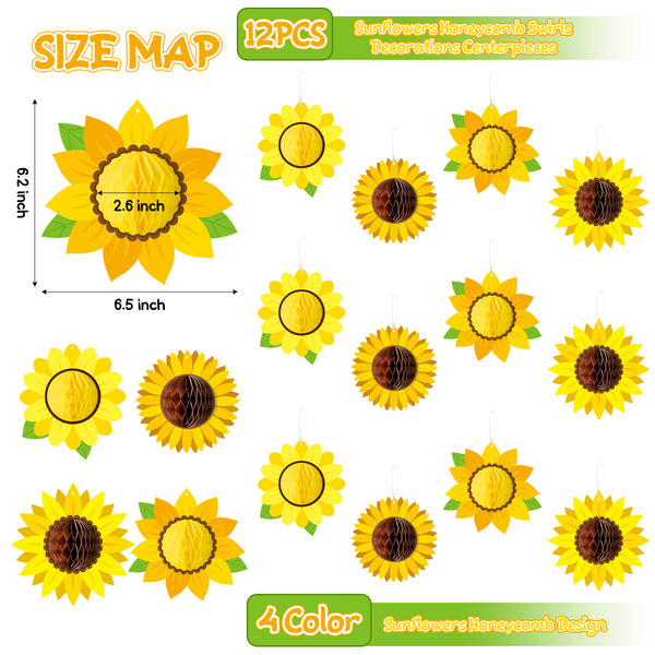 A1diee 12Pcs Boho Sunflowers Party Honeycomb Ball Hanging Swirls Retro Hippie Decorations Centerpieces Decor Swirls Double-Sided Ceiling Banner for Birthday Party Baby Shower Backdrop Supplies Favor