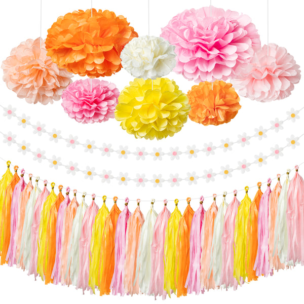 A1diee 40Pcs Groovy Daisy Garland Daisy Felt Banner with Pink Yellow Tissue Pom Pom Tassel Decoration Spring Rainbow Boho Paper Aesthetic Party Supplies Favors for Birthday Home Wall Classroom Wedding