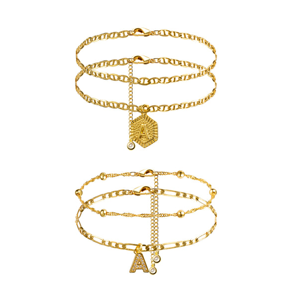 PANTIDE 4 Pcs Gold Ankle Bracelets for Women Girls Initial Letters A Charms Adjustable Ankle Bracelets Double Layered Beach Flat Mariner Anklets Chain Rhinestone Crystal Beads Foot Aesthetic Jewelry