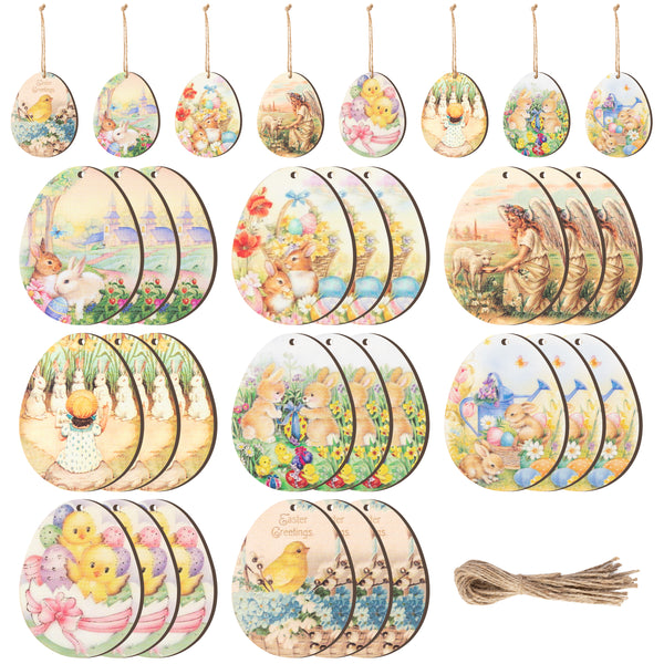 A1diee 24Pcs Vintage Easter Style Egg Shape Wood Ornaments Decorations Retro Easter Egg Wood Slices Cutouts Pendants 8 Classic Easter Hunt Hanging Tag Chips with Twine Rope for Tree Home Easter Party Visit the A1diee Store