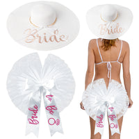 A1diee 2Pcs Bride to Be Bikini Veil Sun Hat Set Bride to Be Booty Veil Straw Sun Hat for Bachelorette Engagement White Wide Brim Beach Hat with Gold Chain for Bridesmaids Honeymoon Wedding Pool Party