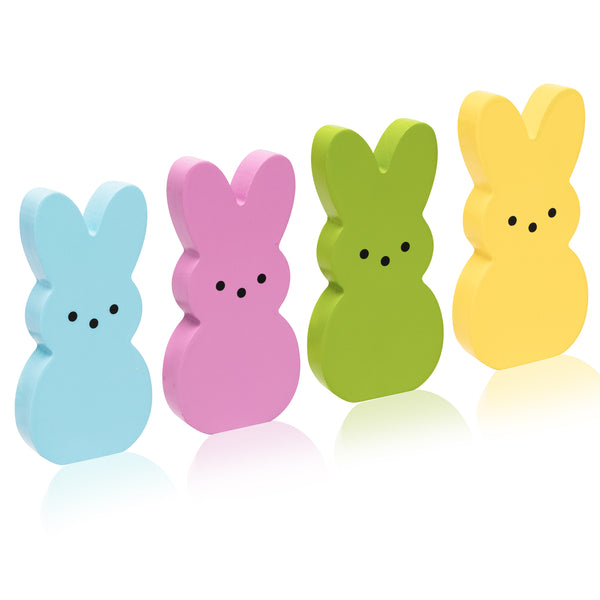 A1diee 4Pcs Easter Bunny Farmhouse Peeps Tiered Tray Sign Set Colorful Easter Mini Wooden Spring Rabbit Shaped Freestanding Table Centerpieces for Easter Party Home Shelf Room Kitchen Decorations