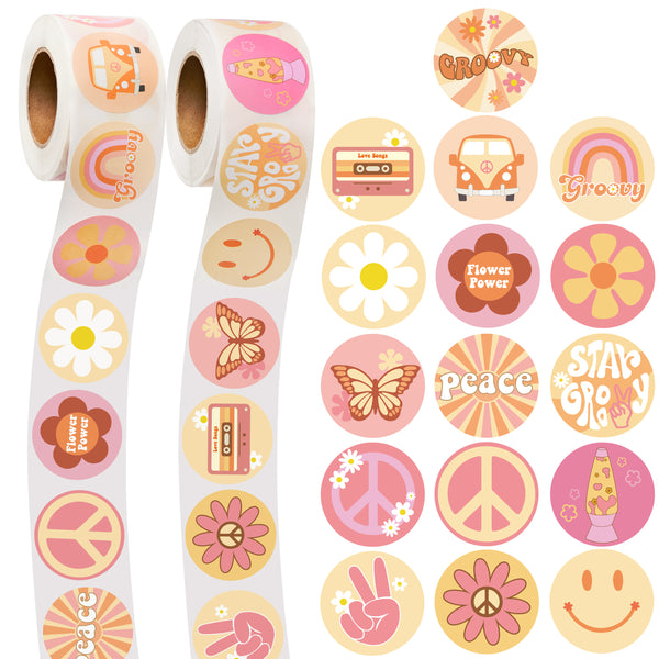 A1diee 1000Pcs Groovy Hippie Stickers in 2 Rolls for Girls Kids Teens Boho Rainbow Daisy Butterfly Flower Themed Self Adhesive Decals for Birthday Gifts Party Supplies Favors School Activity Reward