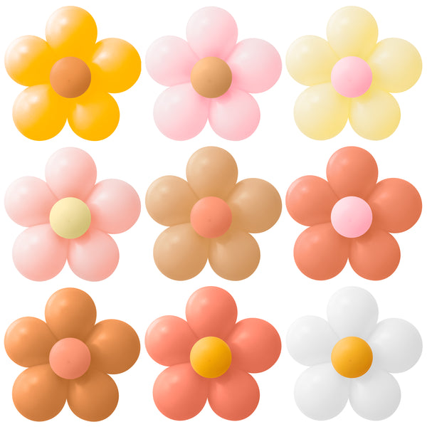 A1diee 108Pcs Groovy Retro Hippie Daisy Flower Balloon DIY Kit 18Set Orange Pink Flower Shaped Balloon Garland Rainbow Boho Macaroon Latex Balloon Party Supplies for Baby Shower Birthday Wedding Decor