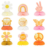 A1diee 9Pcs Groovy Hippie Boho Party Honeycomb Centerpieces Retro Boho Rainbow Daisy Flower Butterfly Peace Theme Table Topper Birthday Party Decoration for Girls Teens Baby Shower Photo Booth Props