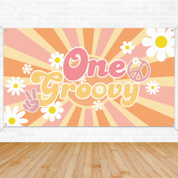 A1diee One Groovy Backdrop Banner Retro Hippie Boho Girl Party Decorations 1st Birthday Party Supplies Daisy Flower One Year Old Birthday Photography Background for Baby Shower Photo Prop Wall Decor