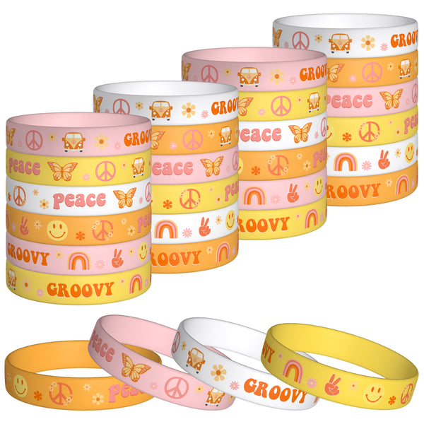 A1diee 24Pcs Pink Groovy Retro Hippie Silicone Wristbands Set Boho Colorful Rainbow Butterfly Daisy Peace Sign Stretchable Rubber Bracelets Groovy Boho Birthday Party Favors Wrist Gift for Kids Teens