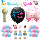 A1diee 38Pcs Beauty or Beats Gender Reveal Decorations Kit 36In Gender Reveal Balloon Pink Bow Microphone Foil Balloons Blue Pink Confetti Latex Balloons Party Banner Cupcake Topper for Baby Shower