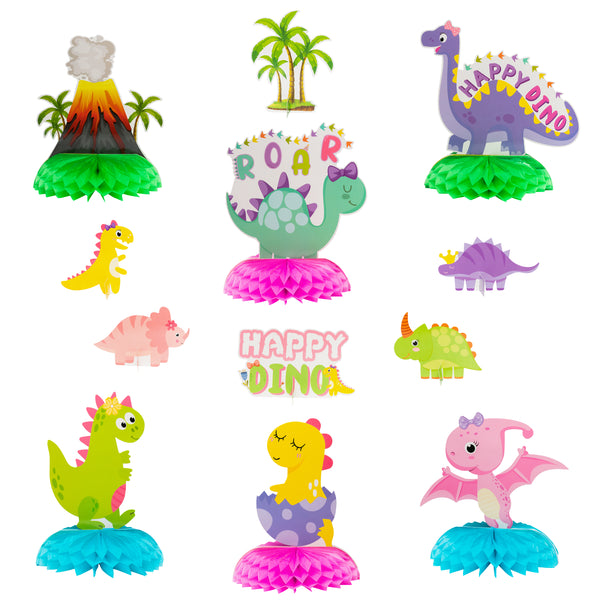 A1diee 12Pcs Pink Dinosaur Honeycomb Centerpiece Table Toppers for Girls 3D Roar T-Rex Birthday Party Supplies Decoration for Kids Happy Dino Volcano Theme Party Favor Baby Shower Photo Booth Props