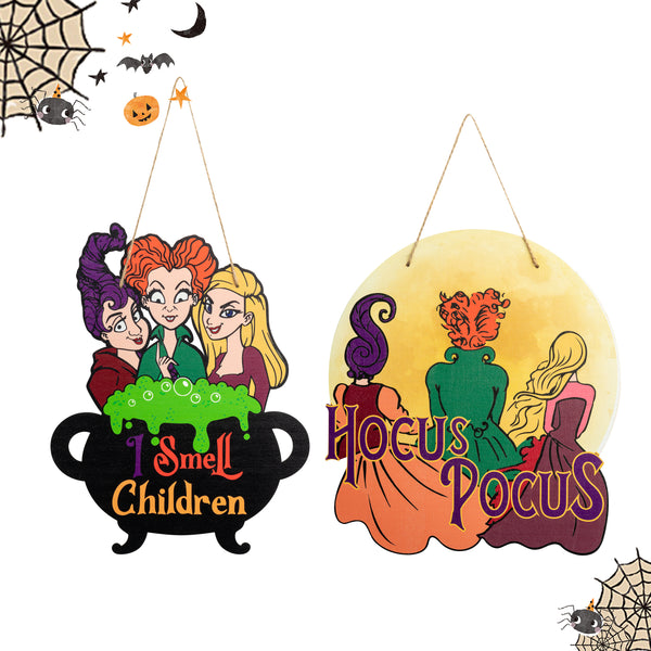 A1diee 2Pcs Hocus Pocus Wood Door Sign Halloween Hanging Welcome Sign I Smell Children Witch Wooden Plaque Party Supplies Decorations Trick or Treat Decor for Home Wall Office Window Indoor Outdoor