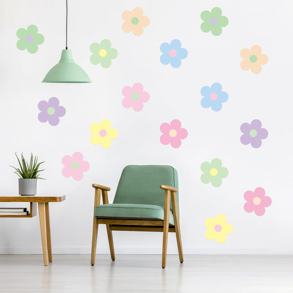 A1diee 16Pcs Danish Pastel Aesthetic Cute Flowers Wall Decal Preppy Hippie Trendy Wall Art Decor Vinyl Peel and Stick Kidcore Aesthetic Retro Colorful Boho Wall Stickers for Girls College Dorm Bedroom