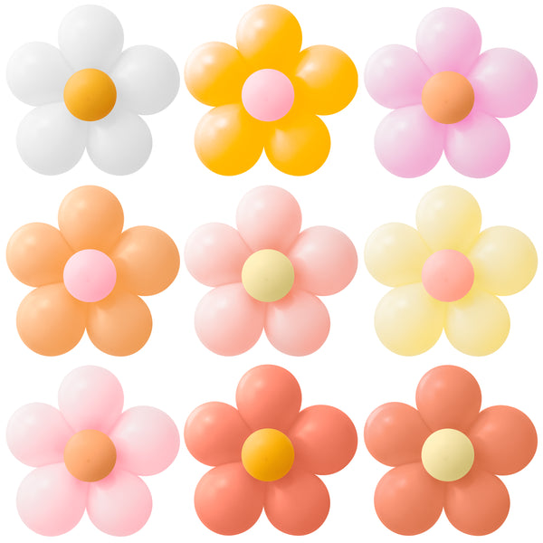 A1diee 108Pcs Groovy Retro Hippie Daisy Flower Balloon DIY Kit- 18Set Light Pink Flower Shaped Balloon Garland Rainbow Boho Macaroon Latex Balloon Party Supplies for Baby Shower Birthday Wedding Decor