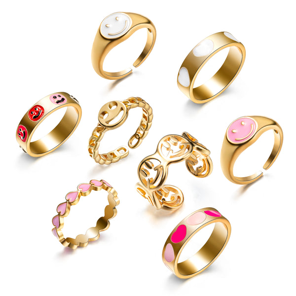 A1diee 8Pcs Smile Y2K Preppy Rings Gold Plated Aesthetic Colorful Enamel Chunky Rings Retro Open Knuckle Adjustable Funky Heart Trendy Rings Summer Indie Finger Jewelry Gift for Women Girls Teens