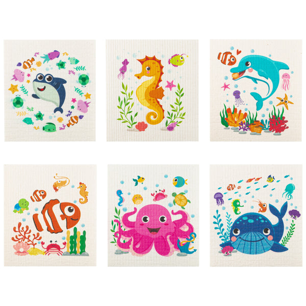 A1diee 6Pcs Sea Animals Swedish Kitchen Dishcloths Absorbent and Fast Dry Kitchen Cloths Cotton Fiber Reusable Washable Dish Towels Fish Whale Shark Dolphin Seahorse Octopus Cleaning Wipes Rags