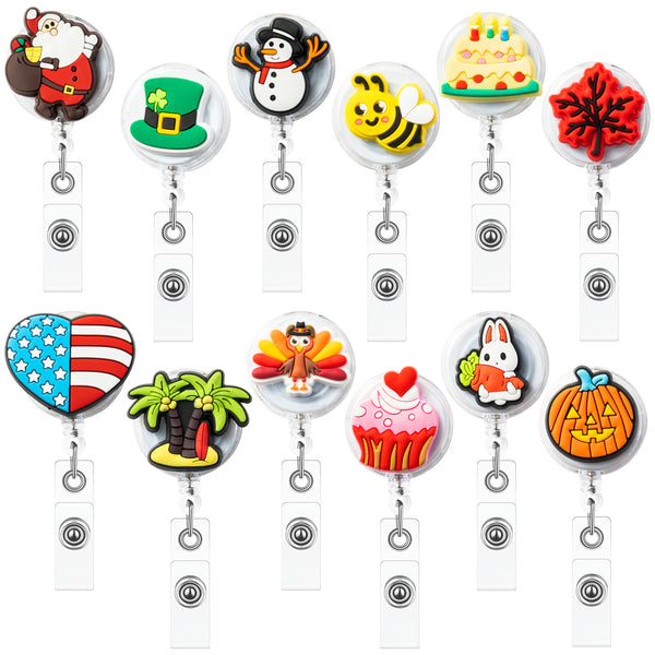 A1diee 12Pcs Holiday Badge Reels Retractable with Alloy Clip Snowman Santa Bunny Honeybee Pumpkin Turkey PVC Patch ID Card Decor Badge Name Tag for Christmas Valentine Easter Thanksgiving Day Birthday