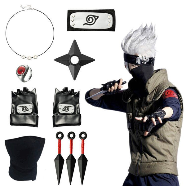 A1diee 10 Packs Leaf Village Adjustable Headband Black Cosplay Gloves Toys Pendant Necklace Face Mask Akatsuki Anime Shuriken Plastic Toy Kunai, Anti Anime Themed Cosplay Accessories Gifts for Kids