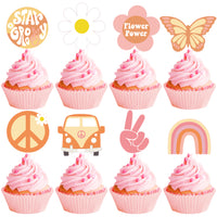 A1diee 48Pcs Groovy Retro Hippie Cupcake Toppers Daisy Flower Power Butterfly Bus Peace Sign Star Groovy Cake Decoration Rainbow Boho Cup Cake Paper Toppers Party Supplies for Birthday Baby Shower