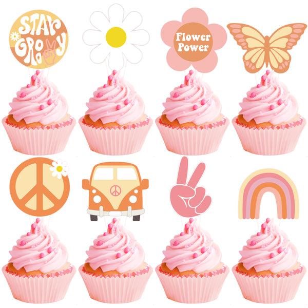 A1diee 48Pcs Groovy Retro Hippie Cupcake Toppers Daisy Flower Power Butterfly Bus Peace Sign Star Groovy Cake Decoration Rainbow Boho Cup Cake Paper Toppers Party Supplies for Birthday Baby Shower