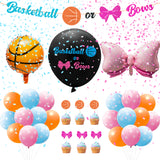 A1diee 32Pcs Basketball or Bows Gender Reveal Decorations Kit 36In Gender Reveal Balloon Basketball Pink Bow Foil Balloons Banner Cupcake Topper 12In Latex Balloons Blue Pink Confetti for Baby Shower