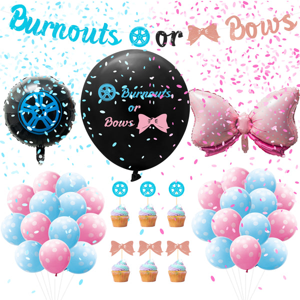 A1diee Bows or Burnouts Gender Reveal Decorations Kit 36In Gender Reveal Balloon Burnouts Pink Bow Foil Balloons Banner Cupcake Topper Blue Pink Latex Balloons for Baby Shower Party Supplies, 33Pcs