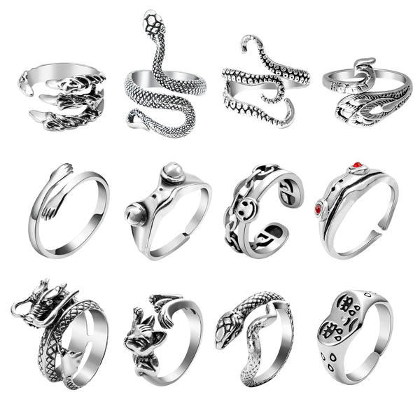 A1diee 12 Pcs Vintage Opening Punk Rings Set, Stainless Steel Alloy Biker Adjustable Rings, Snake Chinese Dragon Claw Octopus Frog Rings, Fashion Retro Gothic Knuckle Ring Black Silver Antique Jewelry