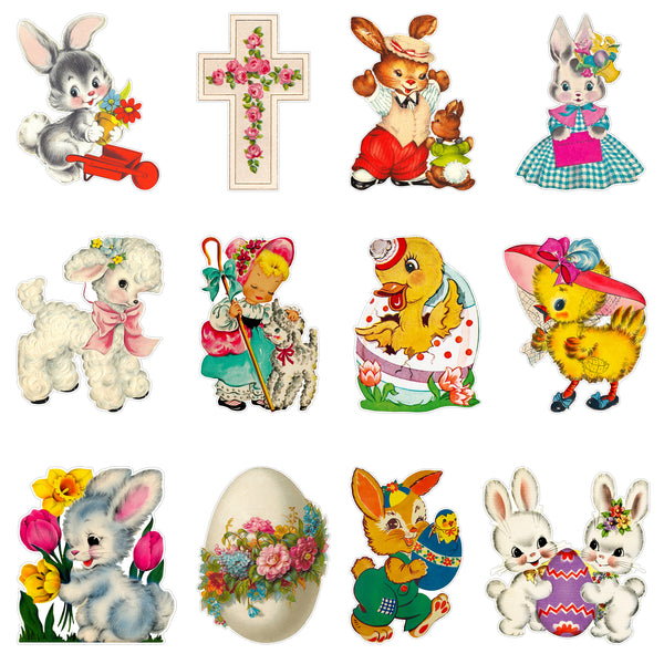 Click image to open expanded view      VIDEO  A1diee 12Pcs Vintage Easter Cutouts Decorations Retro Easter Victorian Ephemera Paper Cut Craft Bunny Lamb Chick Egg Duckling Cross Large Artwork Cardboard with Glue Point for Home Wall Window Decor