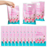 A1diee 50Pcs Pink Cow Party Favor Bags Happy Birthday Treat Candy Bags Cute Farm Animal Themed Plastic Goodie Bag Barnyard Pink Stripe Gift Bags Party Decorations Supplies for Kids Baby Girls Birthday