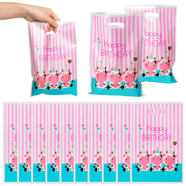 A1diee 50Pcs Pink Cow Party Favor Bags Happy Birthday Treat Candy Bags Cute Farm Animal Themed Plastic Goodie Bag Barnyard Pink Stripe Gift Bags Party Decorations Supplies for Kids Baby Girls Birthday