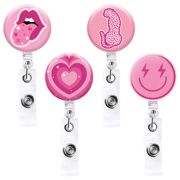 A1diee 4Pcs Preppy Retractable Badge Reels Holder with Alloy Alligator Clip Cute Pink Smile Leopard Lip Love Heart Resin ID Card Decorative Badge Name Tag Holders for Kids Student Nurse Work Daily Visit the A1diee Store