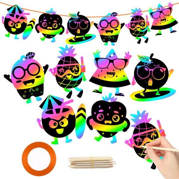 A1diee 60Pcs Summer Fruits Scratch Paper Kit Rainbow Tropical Hawaii Themed Magic Scratch Art Crafts DIY Scratch Paper Ornaments for Kids Birthday Party Favors Supplies Educational Games Activities