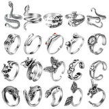 A1diee 20 Pcs Vintage Opening Punk Rings Set Stainless Steel Alloy Biker Adjustable Rings Snake Rabbit Cat Dragon Claw Octopus Frog Animal Rings Retro Gothic Knuckle Ring Black Silver Antique Jewelry