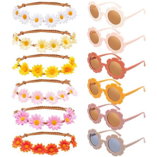 A1diee 12Pcs Groovy Retro Flower Sunglasses Headbands Party Favors Boho Hippie Round Flower Polarized Eyewear Multicolor Daisy Flower Crown Costume Accessories Set 60s Festival Party Gifts for Kids Visit the A1diee Store