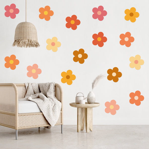 A1diee 16Pcs Groovy Retro Hippie Flowers Wall Decal Boho Orange Pink Flower Y2K Aesthetic Wall Sticker Kidcore Preppy Trendy Vinyl Peel and Stick Art Sticker for College Girl Bedroom Dorm Window Decor