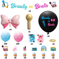 A1diee 38Pcs Beauty or Beats Gender Reveal Decorations Kit 36In Gender Reveal Balloon Pink Bow Microphone Foil Balloons Blue Pink Confetti Latex Balloons Party Banner Cupcake Topper for Baby Shower