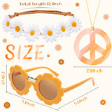 A1diee 18Pcs Groovy Retro Party Favor Girls Accessories with Round Flower Polarized Sunglasses Daisy Headbands Peace Necklaces 60s Hippie Boho Rainbow Theme Party Costume Gift Supplies for Kids Teen