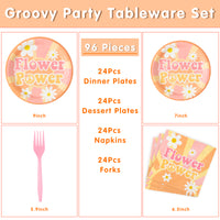 A1diee 96Pcs Groovy Boho Hippie Daisy Party Tableware Set with Pink Forks Daisy Paper Dinner Dessert Plates and Napkins Retro Rainbow Boho Party Supplies Decoration for Birthday Baby Shower, 24 Guests