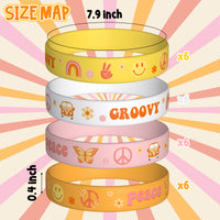 A1diee 24Pcs Pink Groovy Retro Hippie Silicone Wristbands Set Boho Colorful Rainbow Butterfly Daisy Peace Sign Stretchable Rubber Bracelets Groovy Boho Birthday Party Favors Wrist Gift for Kids Teens