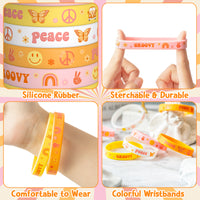 A1diee 24Pcs Pink Groovy Retro Hippie Silicone Wristbands Set Boho Colorful Rainbow Butterfly Daisy Peace Sign Stretchable Rubber Bracelets Groovy Boho Birthday Party Favors Wrist Gift for Kids Teens