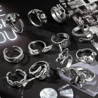 A1diee 20 Pcs Vintage Opening Punk Rings Set Stainless Steel Alloy Biker Adjustable Rings Snake Rabbit Cat Dragon Claw Octopus Frog Animal Rings Retro Gothic Knuckle Ring Black Silver Antique Jewelry