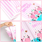 A1diee 50Pcs Pink Cow Party Favor Bags Happy Birthday Treat Candy Bags Cute Farm Animal Themed Plastic Goodie Bag Barnyard Pink Stripe Gift Bags Party Decorations Supplies for Kids Baby Girls Birthday