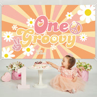 A1diee One Groovy Backdrop Banner Retro Hippie Boho Girl Party Decorations 1st Birthday Party Supplies Daisy Flower One Year Old Birthday Photography Background for Baby Shower Photo Prop Wall Decor