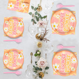 A1diee 96Pcs Groovy Boho Hippie Daisy Party Tableware Set with Pink Forks Daisy Paper Dinner Dessert Plates and Napkins Retro Rainbow Boho Party Supplies Decoration for Birthday Baby Shower, 24 Guests