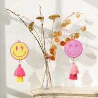 A1diee 2Pcs Preppy Tassel Car Air Freshener Yellow Pink Smile Car Hanging Slices with Tassel Boho Y2K Car Rearview Mirror Charm Scented Pendant Essential Oils for Car Accessories Home Bedroom Decor