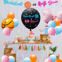 A1diee 32Pcs Basketball or Bows Gender Reveal Decorations Kit 36In Gender Reveal Balloon Basketball Pink Bow Foil Balloons Banner Cupcake Topper 12In Latex Balloons Blue Pink Confetti for Baby Shower