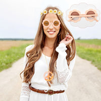 A1diee 18Pcs Groovy Retro Party Favor Girls Accessories with Round Flower Polarized Sunglasses Daisy Headbands Peace Necklaces 60s Hippie Boho Rainbow Theme Party Costume Gift Supplies for Kids Teen